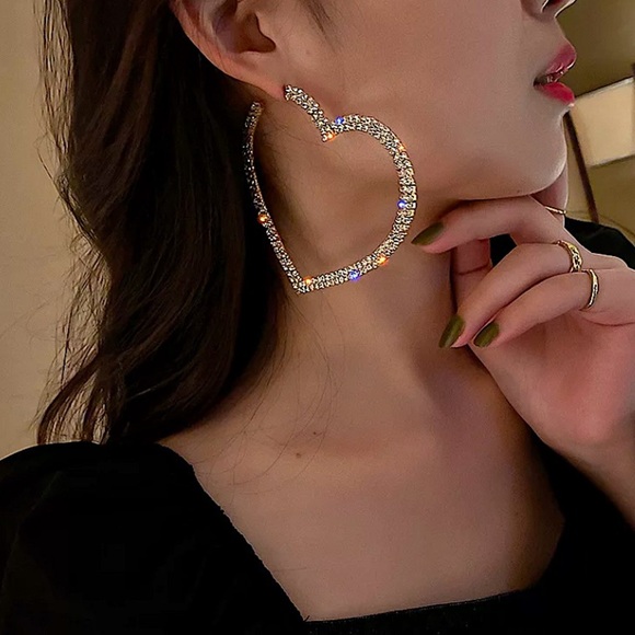 Diamond Oversized Gold Rhinestone Heart Hoop Earrings - Picture 2 of 11